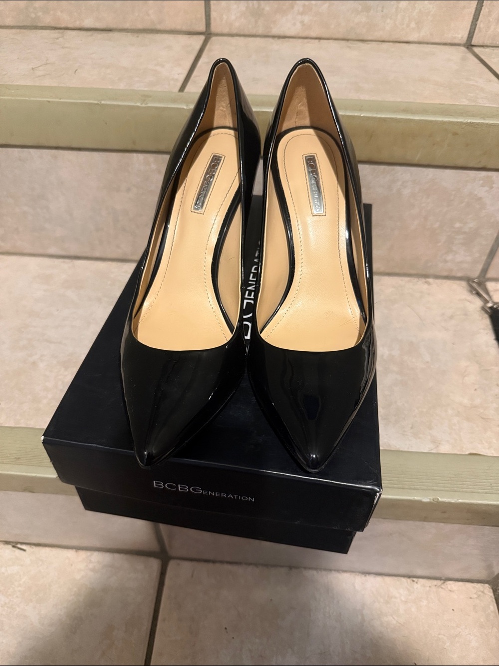 BCBGeneration Black Patent Pointed Toe Pumps